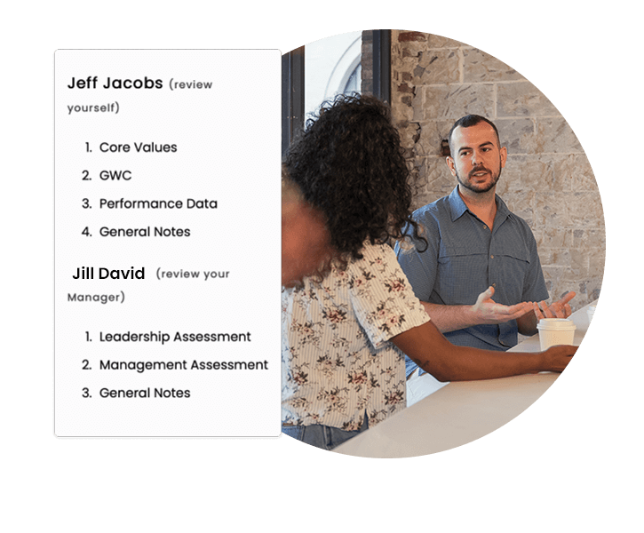 An employee having a quarterly conversation with their manager. Superimposed is a portion of the feedback tool from Ninety