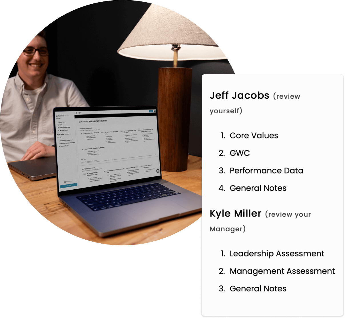 An employee having a 1-on-1 with their manager. Superimposed is a portion of the 1-on-1 tool from Ninety: self-review and review your manager.