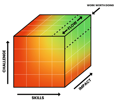 Cube showing the interaction of challenge, skill, and impact to reach flow and do work worth doing
