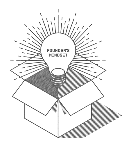 A light bulb labeled Founder's Mindset is above an open box.