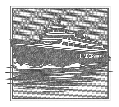 A large ocean liner boat is on water. The words leadership path are on the side of the boat.