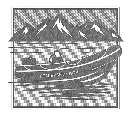 A small dinghy boat is on the water with icebergs in the distance. The words leadership path are on the boat.