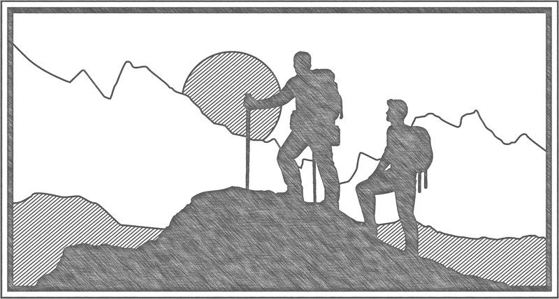 An illustration of two male figures wearing hiking gear cresting a summit.