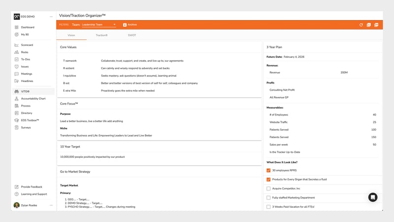 A screenshot of the Ninety platform's Vision tool, displaying the important elements of a Vision.