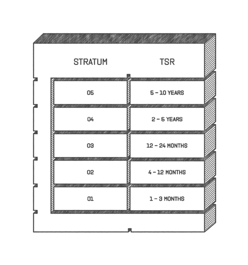 A table has two columns: the left is labeled Stratum and the right is labeled TSR. Stratum 1 is at the bottom and 5 is at the top.