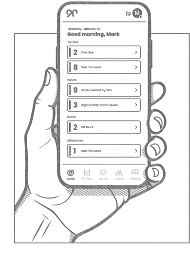 A hand holds a smartphone with the Ninety mobile app on the screen.
