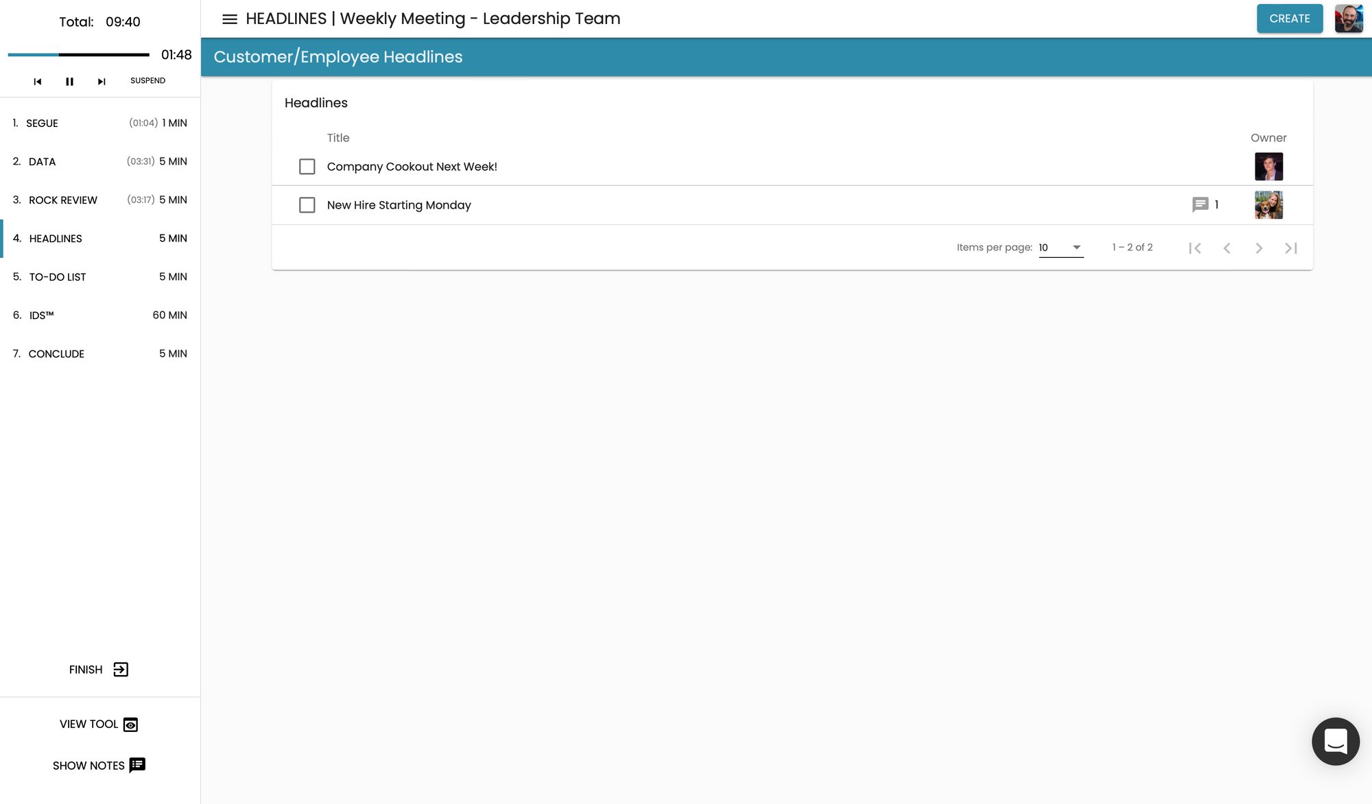 A screenshot of the headlines feature from Ninety's meetings tool.