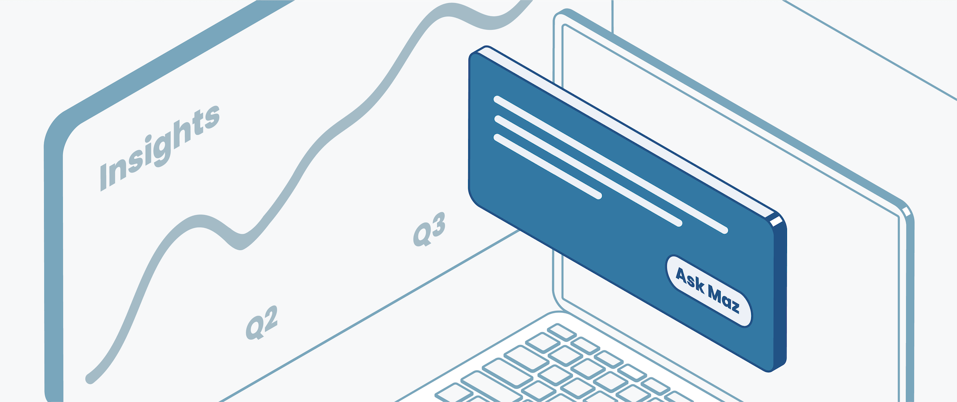 Isometric illustration of a laptop with an Ask Maz response card surfacing quarterly insights and trend data