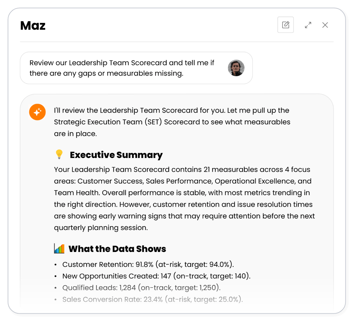 Maz AI reviewing a Leadership Team Scorecard inside Ninety, surfacing an executive summary and live metrics including customer retention and sales conversion rate