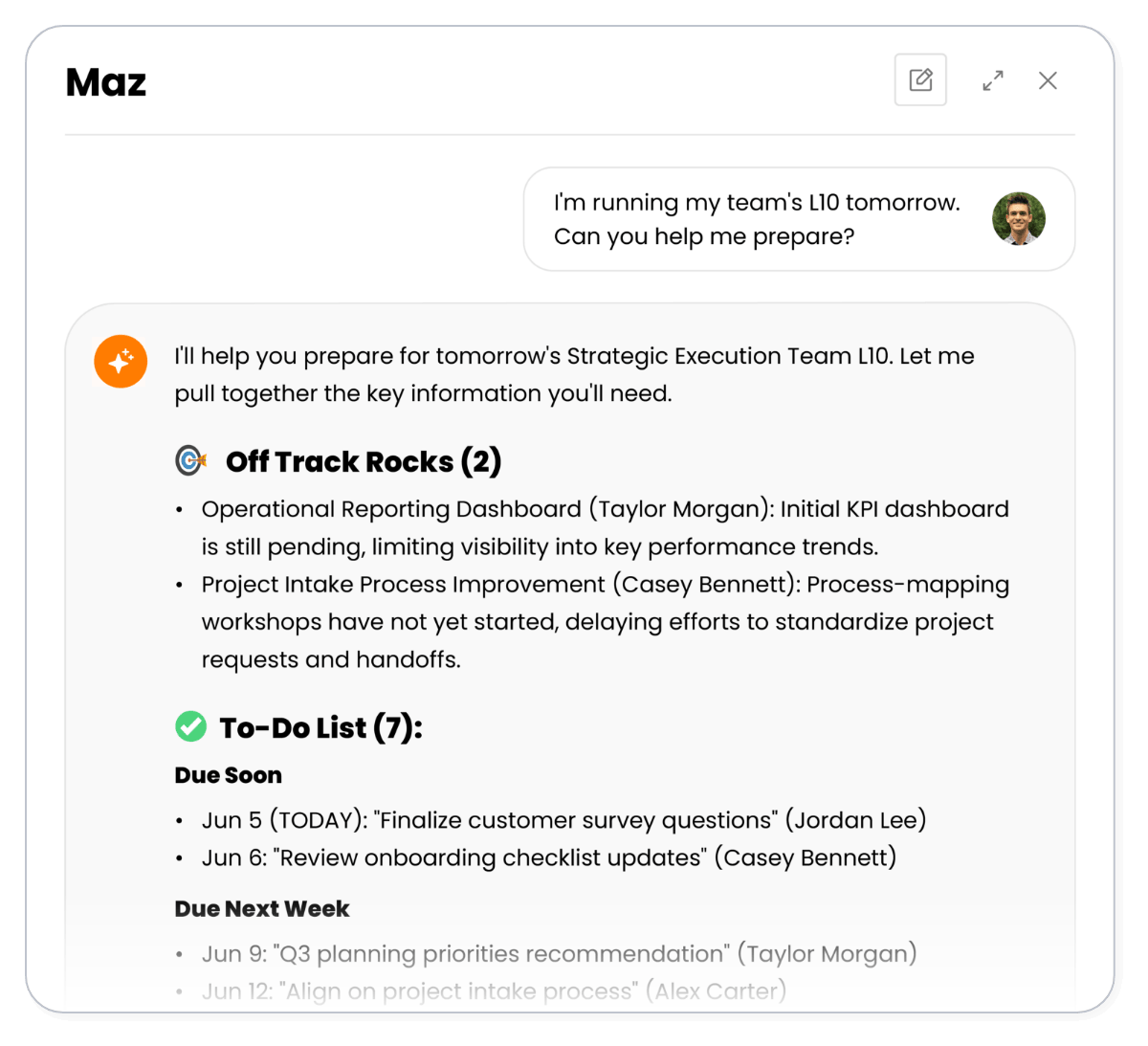 Maz AI preparing a leader for tomorrow's L10, surfacing 2 off-track Rocks and a to-do list with items due today and next week