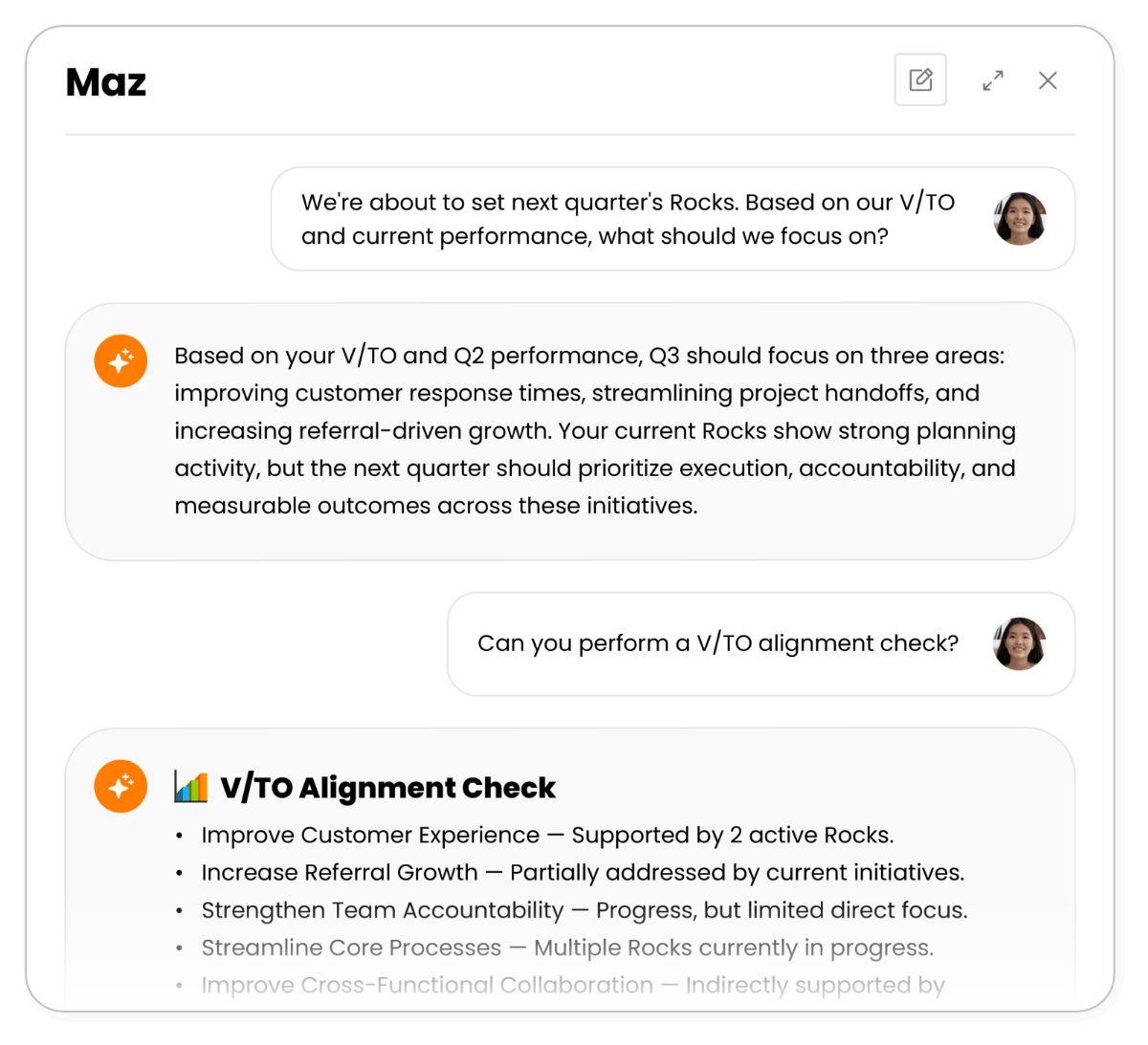 Maz AI recommending Q3 Rock priorities based on V/TO and current performance, then running a V/TO alignment check across active initiatives