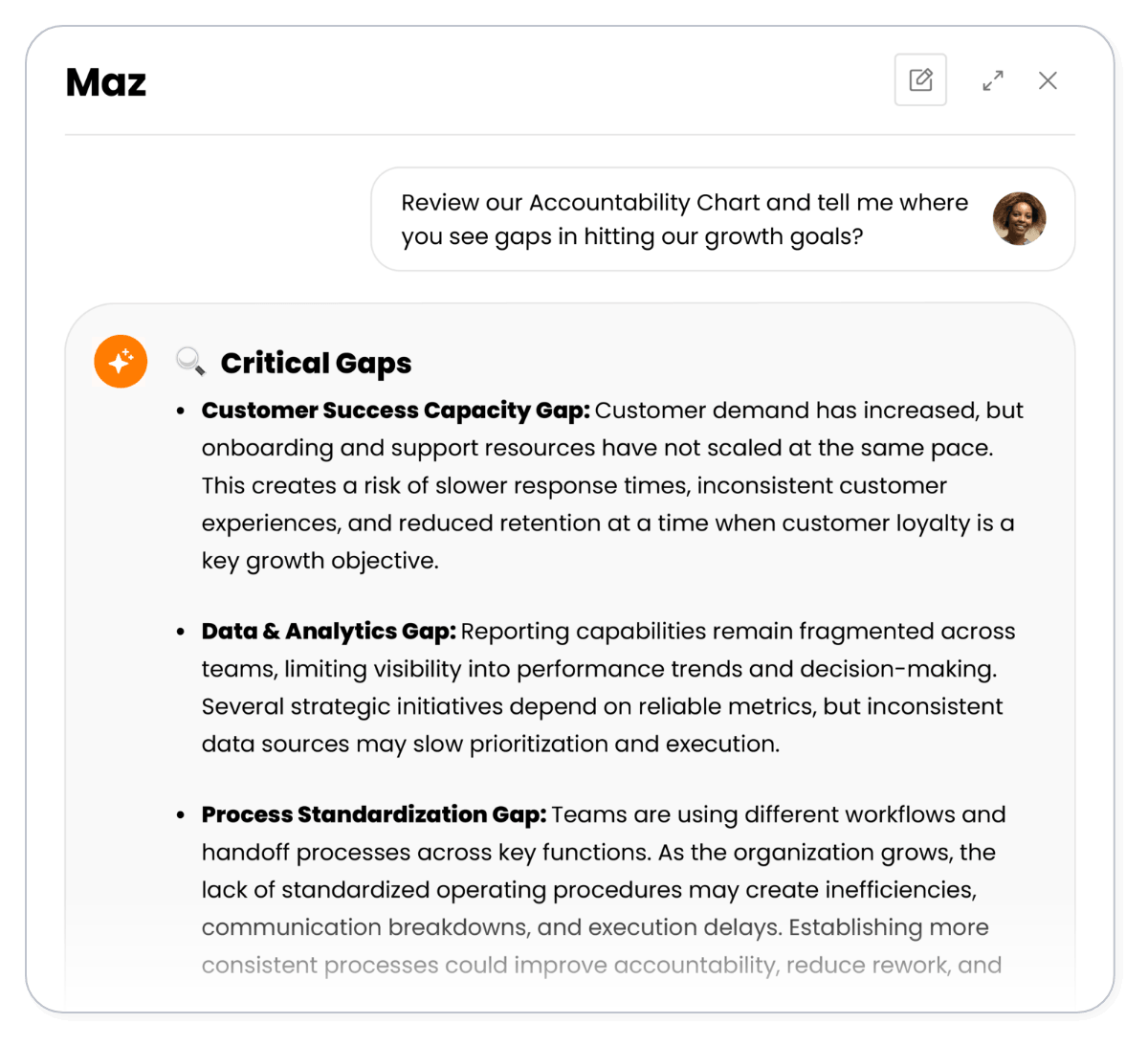 Maz AI reviewing the Accountability Chart and surfacing critical gaps in customer success capacity, data and analytics, and process standardization