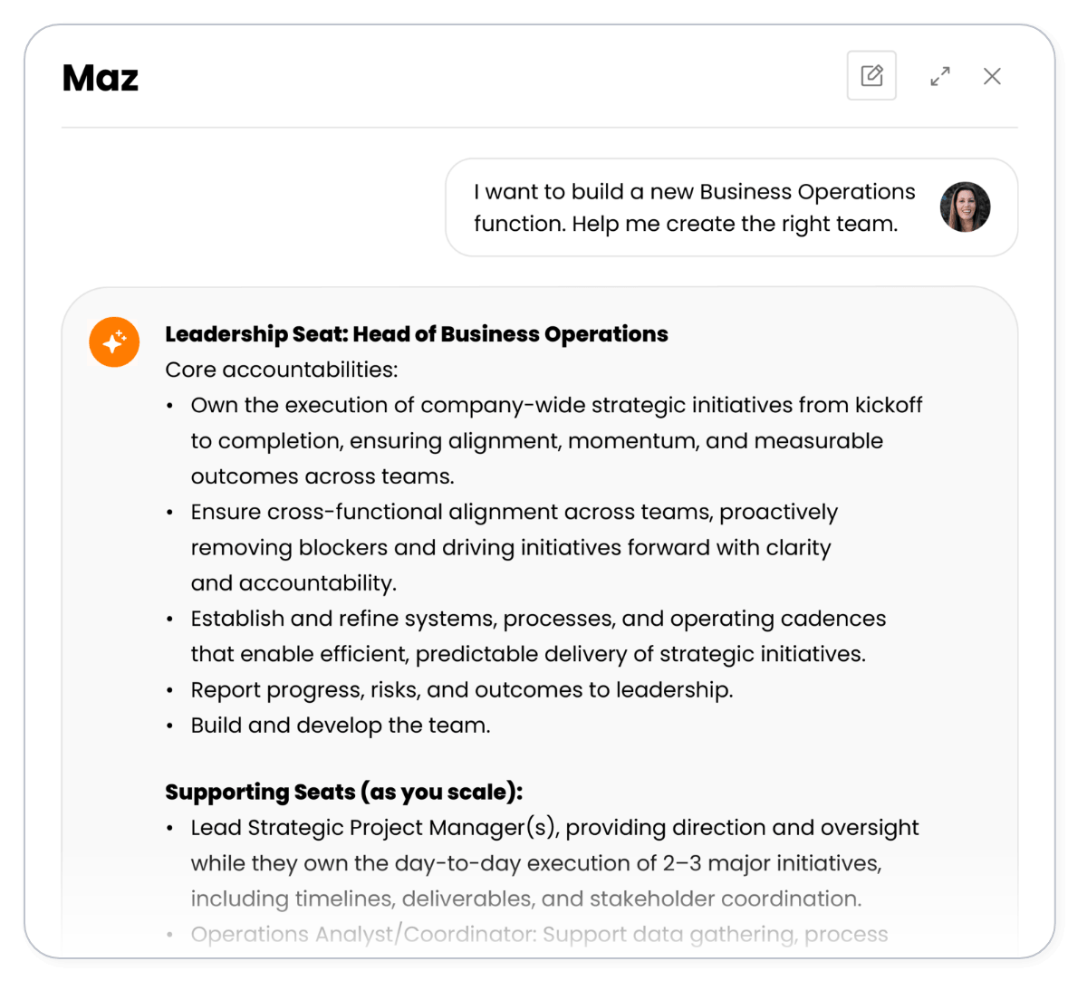 Maz AI building out a new Business Operations function, outlining the Head of Business Operations seat and supporting roles needed to scale