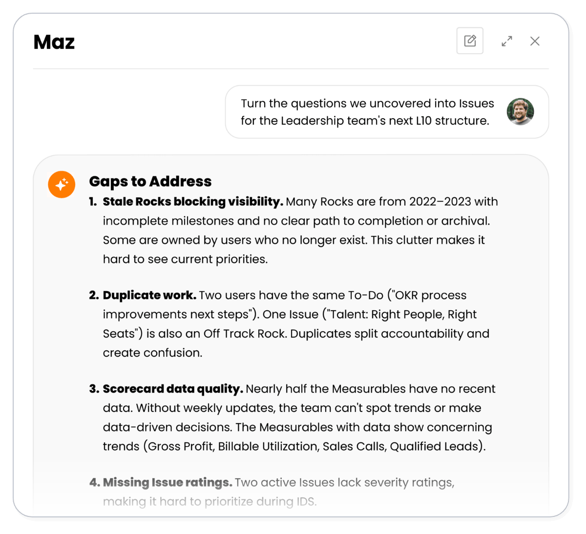 Maz AI converting uncovered questions into L10 Issues, flagging stale Rocks, duplicate work, scorecard data quality, and missing issue ratings