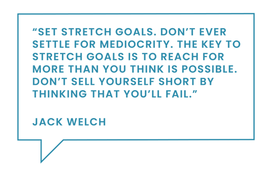 “Set stretch goals. Don't ever settle for mediocrity. The key to stretch goals is to reach for more than you think is possible. Don't sell yourself short by thinking that you'll fail.”  — Jack Welch