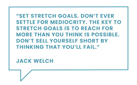 “Set stretch goals. Don't ever settle for mediocrity. The key to stretch goals is to reach for more than you think is possible. Don't sell yourself short by thinking that you'll fail.”  — Jack Welch