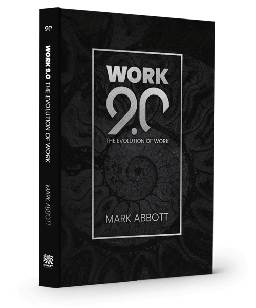 Work 9.0 by Mark Abbott book Cover. Text on a black background with a conch shell in the background