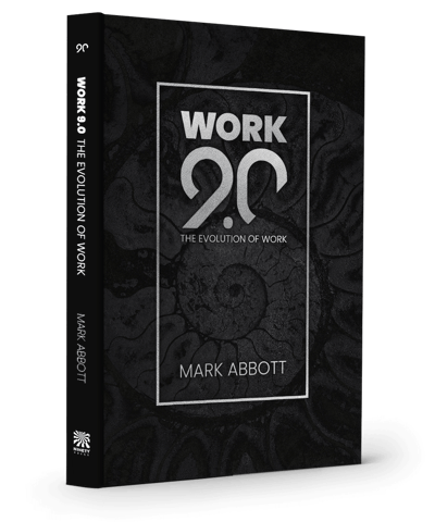 Work 9.0 by Mark Abbott book Cover. Text on a black background with a conch shell in the background