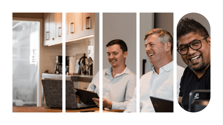 Three people are sitting and laughing in a bright room with laptops open. Their images are divided into vertical strips.