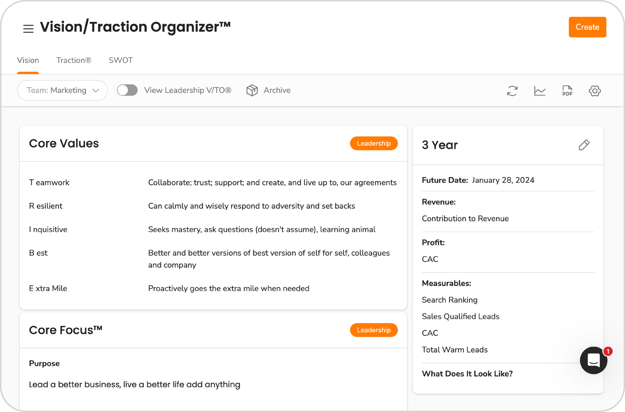 Ninety EOS Vision/Traction Organizer outlining core values, long-term vision, and key measurables.