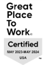 Great Place to Work Certified May 2023 - May 2024 award
