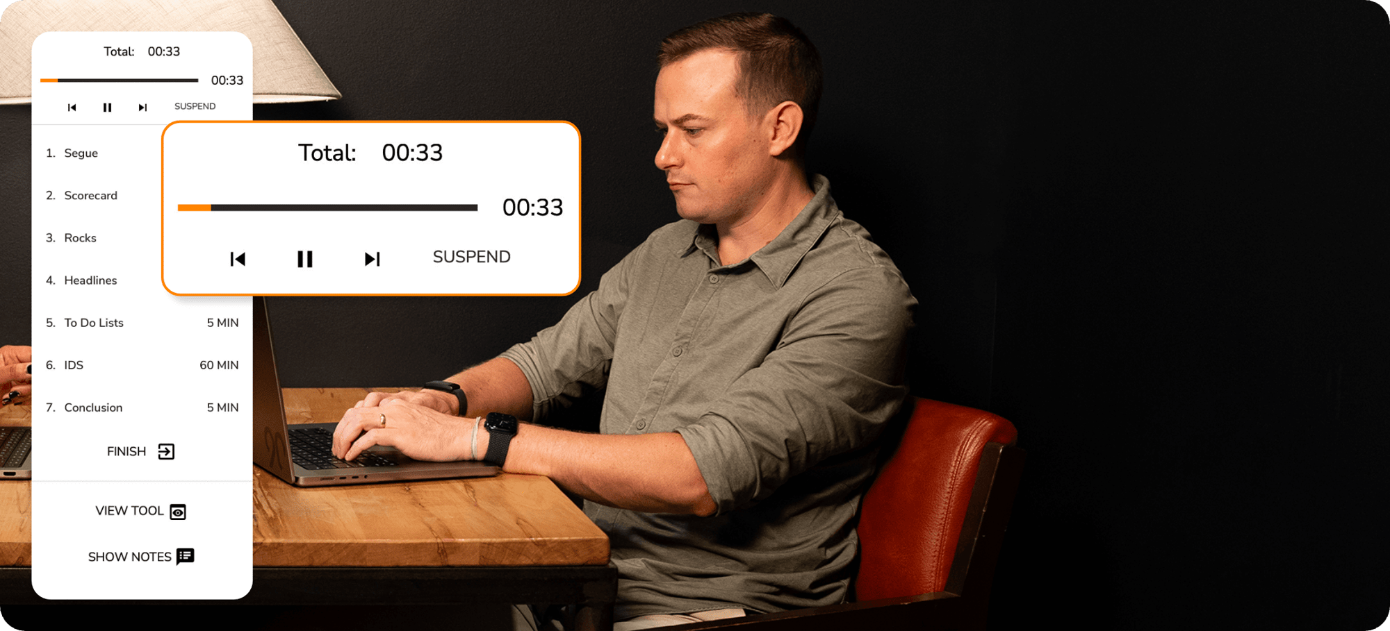 A man working on his laptop at a wooden table. Superimposed are screenshots from Ninety's Meeting Tool.