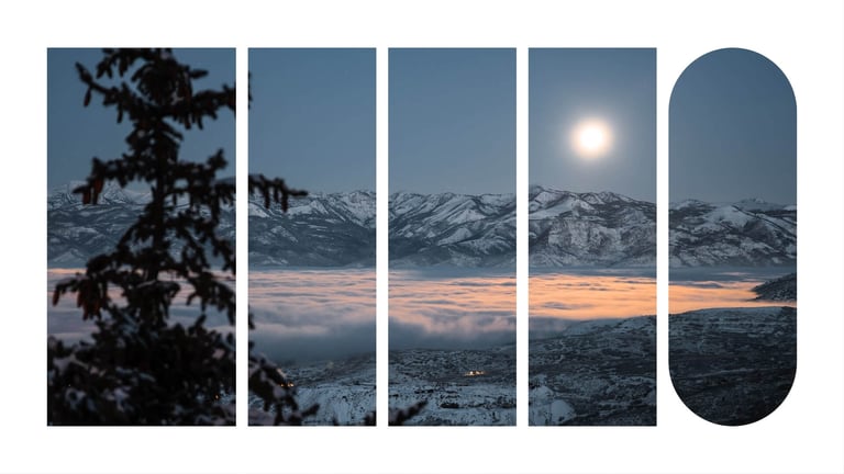 An outdoor landscape scene with tree, mountains, and moon.