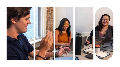 Ninety employees having a conversation and working on their laptops.