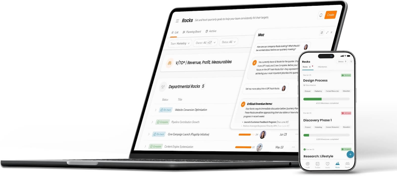 Ninety's Rocks tool shown on laptop and mobile, with the Maz AI panel open surfacing critical overdue Rocks and off-track items before Quarterly Planning