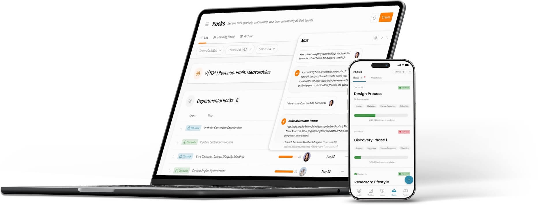 Ninety's Rocks tool shown on laptop and mobile, with the Maz AI panel open surfacing critical overdue Rocks and off-track items before Quarterly Planning