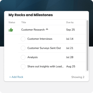 A screenshot of the Rocks and Milestones UI from the app. With a Customer Research Rock and 4 milestones underneath.