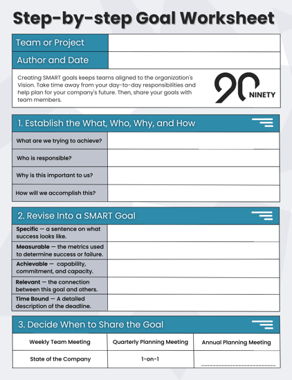 A preview of Ninety's Step-by-Step Goal Worksheet