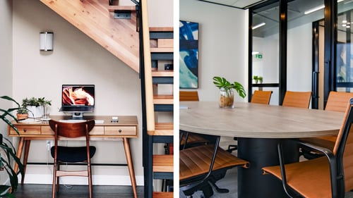 A remote workplace with desk and computer, and a hybrid workplace with conference table and screen.