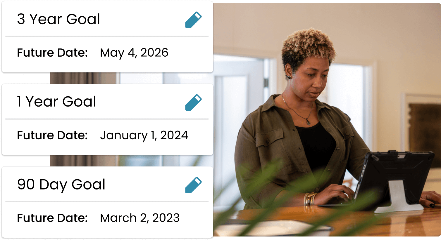 A woman working on the Ninety app on her tablet. To the side: 3 year goal, 1 year goal, and 90 day goal tools from the app.