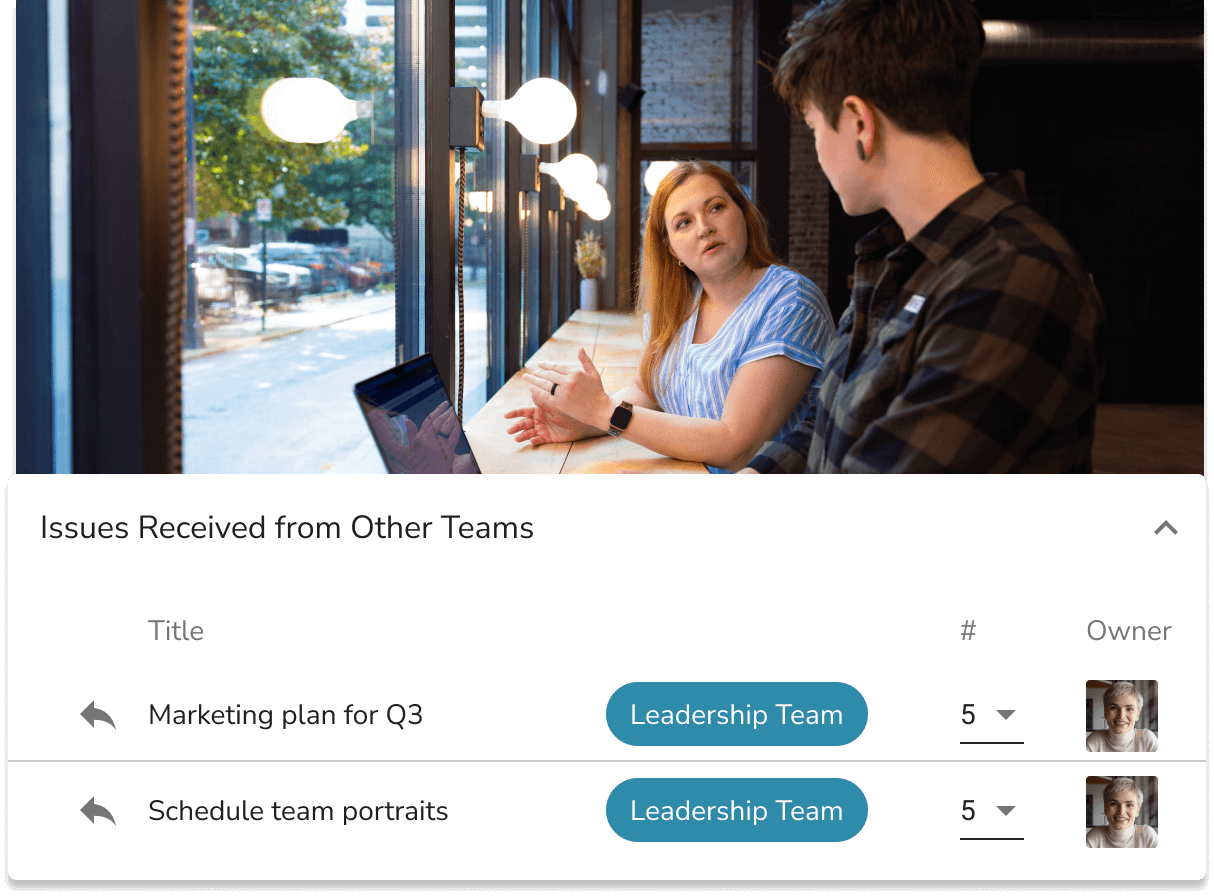 Two coworkers discussing an issue near a window. Underneath is a screenshot from the Issues tool with the heading 