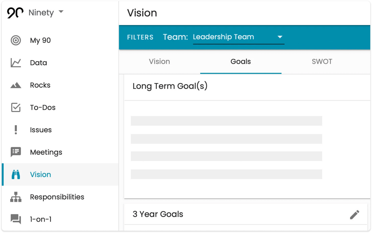 A screenshot of the Vision tool in Ninety. Featured elements: long term goals, 3 year goals.