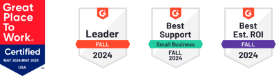 Badges showcasing "Great Place to Work" certification and G2 awards: Leader Fall 2024, Best Support Small Business Fall 2024, and Best Estimated ROI Fall 2024.