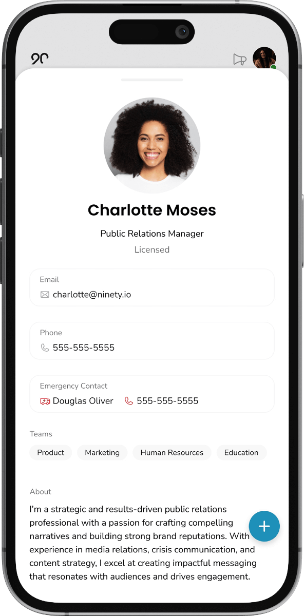 Mobile profile screen showing Charlotte Moses’ name, title, contact info, emergency contact, teams, and a short bio.