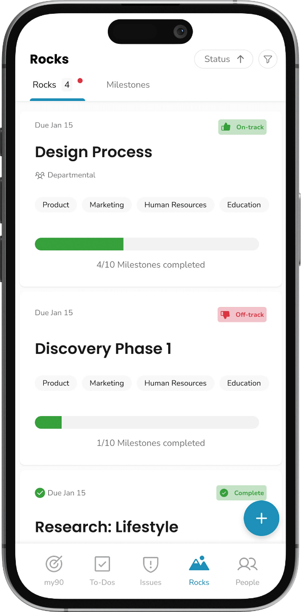 Mobile view of project “Rocks” with status tags (on-track, off-track), milestone completion bars, and associated team tags.