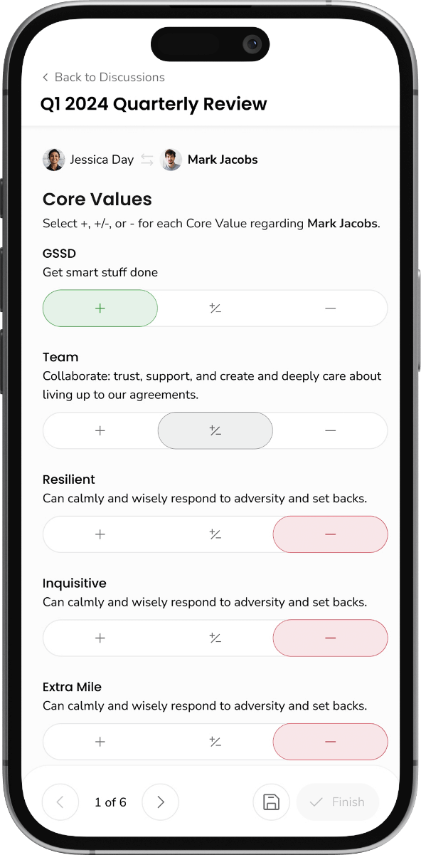 Mobile screen showing a quarterly review form with names, values (like Team and Resilient), and rating buttons (+, +/-, -).