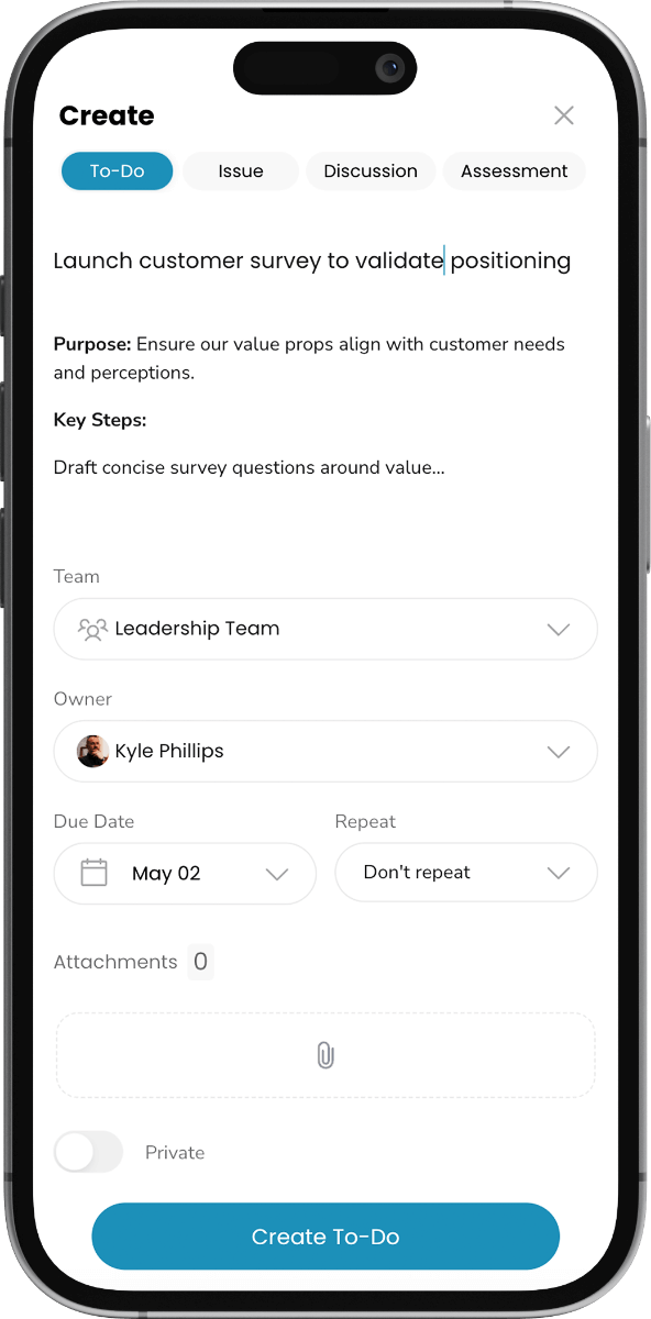 Mobile view of a task creation form with fields for title, description, team, owner, due date, repeat options, and attachments.