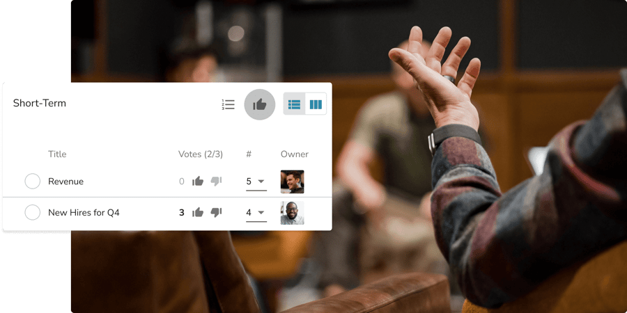 A person in a meeting explaining their issue. Superimposed is a screenshot of the "Short-Term" issue tool from Ninety.