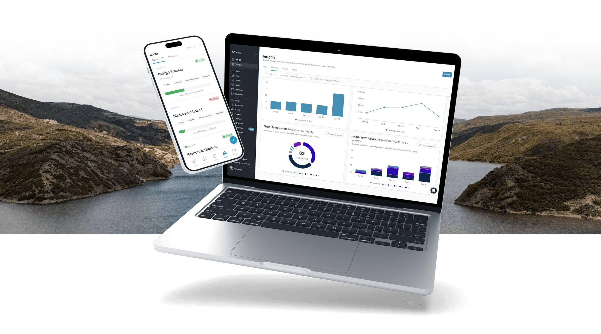 Mobile phone and laptop displaying product dashboards over a mountain lake background Mobile phone and laptop displaying product dashboards over a mountain lake background