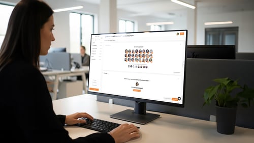 A woman looking at a desktop screen at a Level 10 Meeting Team attendance 