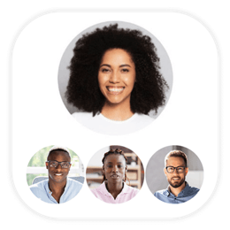 A smiling woman with curly hair in a white shirt, with smaller circular photos of her team members below.