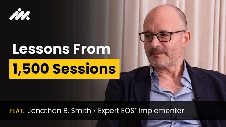 YouTube thumbnail featuring Jonathan B. Smith, Expert EOS® Implementer, with the title 'Lessons From 1,500 Sessions' displayed in bold text on a dark background.