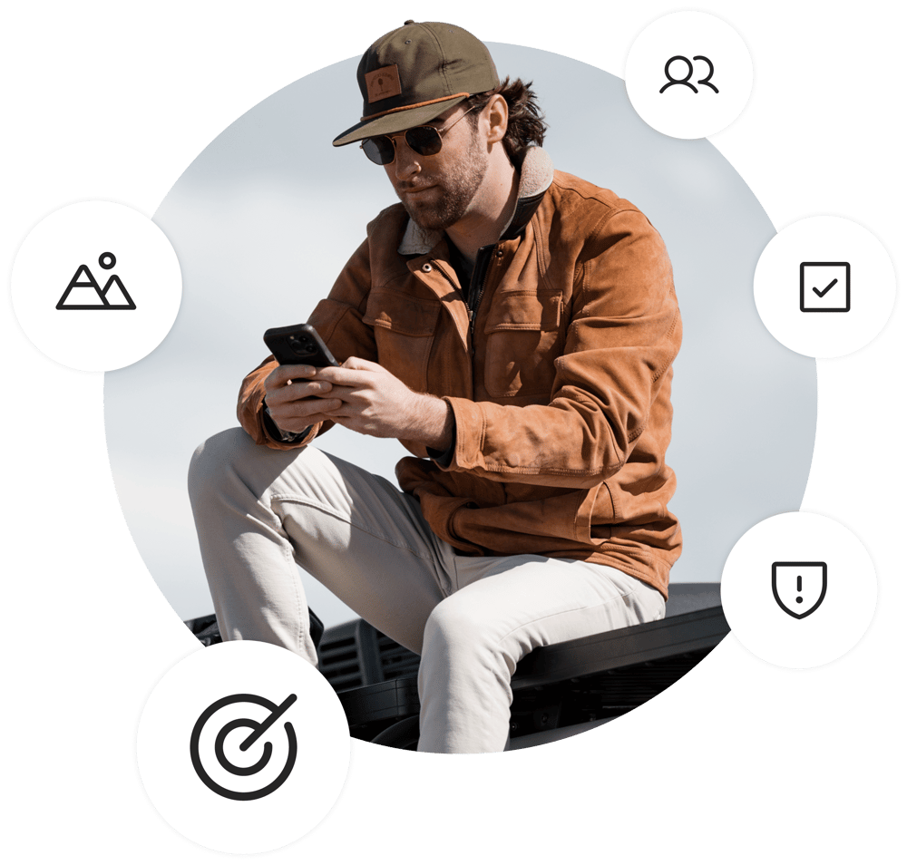 Man in outdoor gear using a smartphone, surrounded by app feature icons