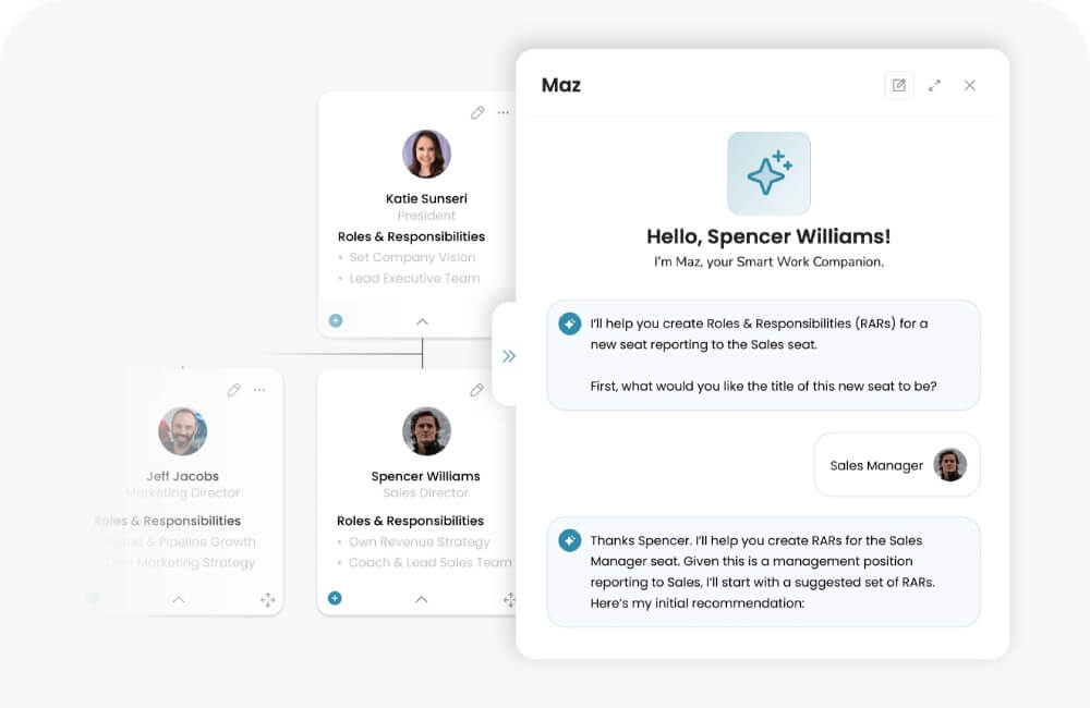 Maz Smart Work Companion interface guiding a user through creating Roles &amp; Responsibilities for a new Sales Manager seat.