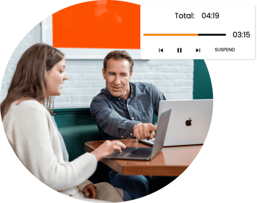 Two employees on their laptops having a meeting. Superimposed is a portion of the meetings tool from Ninety – the meeting timer.