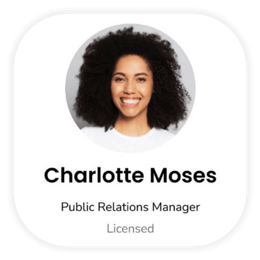 Charlotte Moses, a Public Relations Manager, smiling in a white shirt. Her name and title are displayed below her photo.